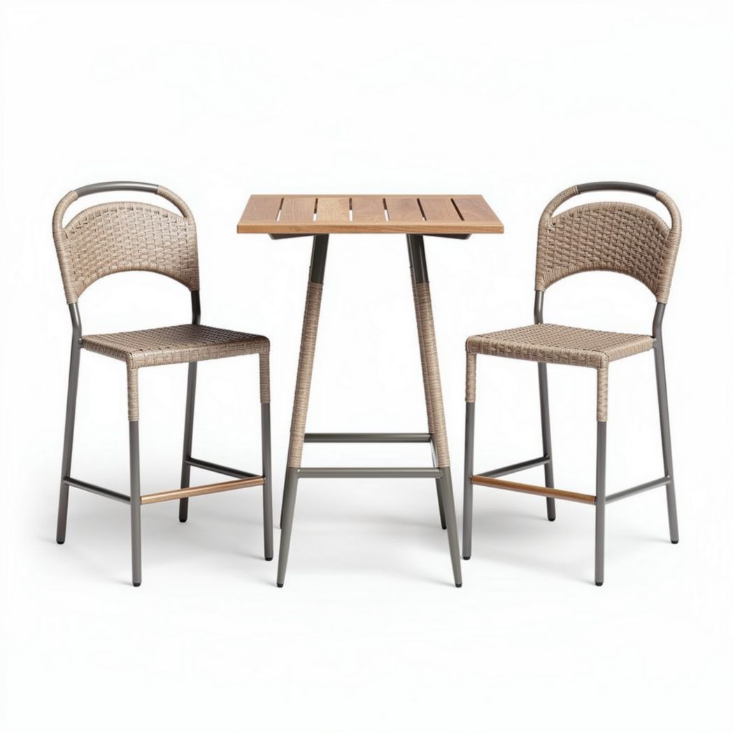 Woven rattan bar table set with two stools - 60 x 60 x 110cm