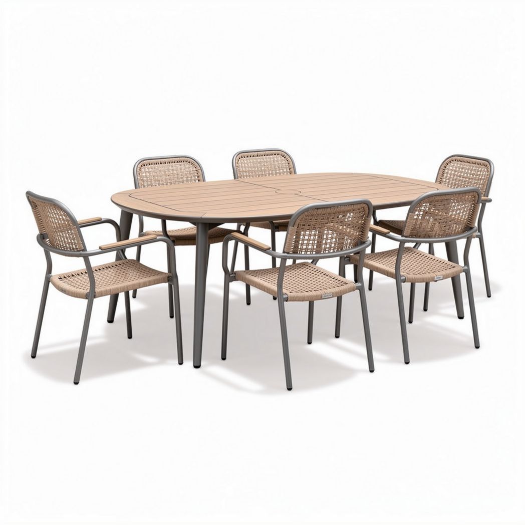 Outdoor dining set with rattan chairs and aluminum frame - 250 x 150 x 75cm