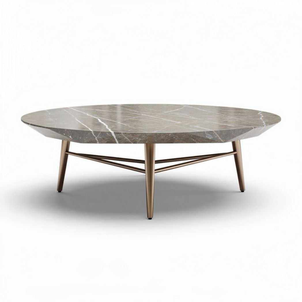 Round coffee table with marble top and wooden legs - 100 x 100 x 30cm